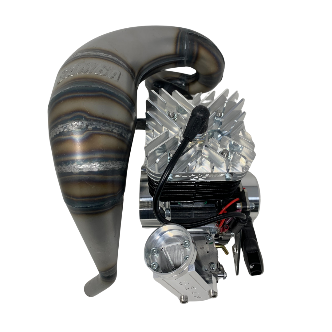 RC Car engine and exhaust system on a white background