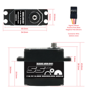 Taylor RC servo motor with dimensions and wiring diagram on a white background