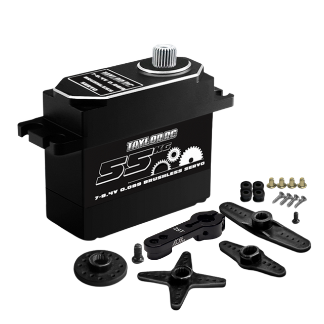 Taylor RC servo motor with additional parts on a white background