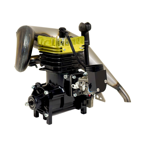 Taylor RC 65cc Supreme V2 engine for Losi 5IVE-T with yellow anodised head, black crankcase and tuned exhaust pipe