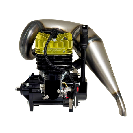 Taylor RC 65cc Supreme V2 engine showing the yellow anodised head, black clutch carrier and curved tuned exhaust pipe
