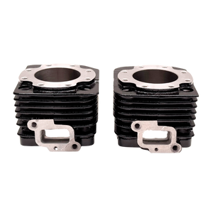 Two sets of black engine cylinders with metal flanges on a white background