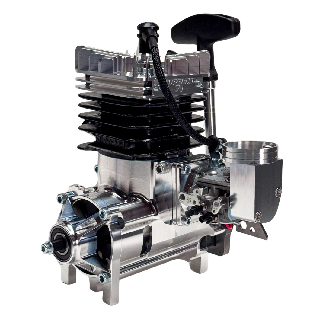 Metallic engine block with visible branding on a white background