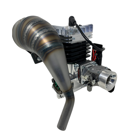 Engine or motor assembly with exhaust pipe on a white background