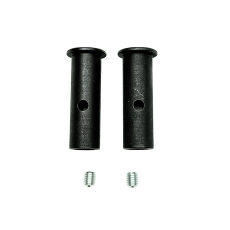 Two black cylindrical metal parts with two screws on a white background