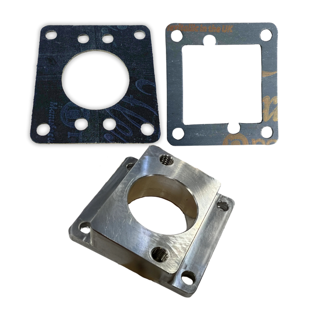 Taylor RC ALX 25mm-28mm carb manifold in raw silver with round-bore and square-bore gaskets
