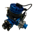 Taylor RC ALX 85 Malossi Baja Hybrid engine in blue anodised, front view (the clutch/bell side), with black cylinder and carburettor