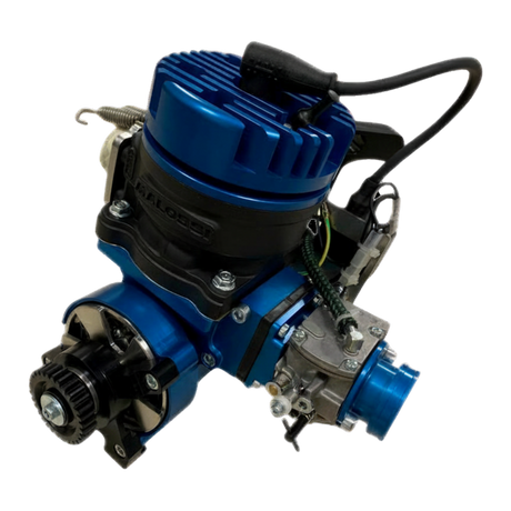 Taylor RC ALX 85 Malossi Baja Hybrid engine in blue anodised, front view (the clutch/bell side), with black cylinder and carburettor