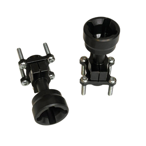 Two black metal mounting brackets with silver screws, shown on a plain white background.