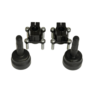 A set of four black metal mechanical components, including two central mounting brackets with silver screws