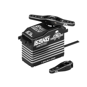 An AGFRC 165KG Brushless RC servo motor with a black and silver aluminum body, shown with its black adjustment wing and a small black screwdriver on a white background.