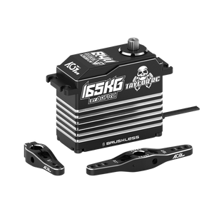 A black 165KG Brushless RC servo with silver cooling fins, accompanied by two black aluminum control arms, shown on a solid white background.