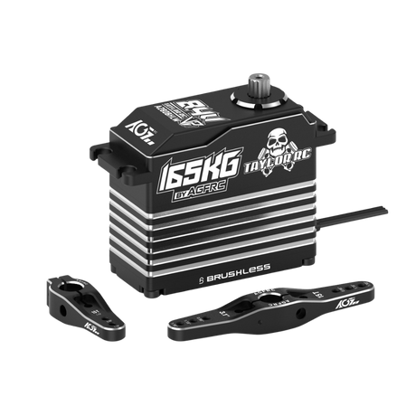 A black 165KG Brushless RC servo with silver cooling fins, accompanied by two black aluminum control arms, shown on a solid white background.