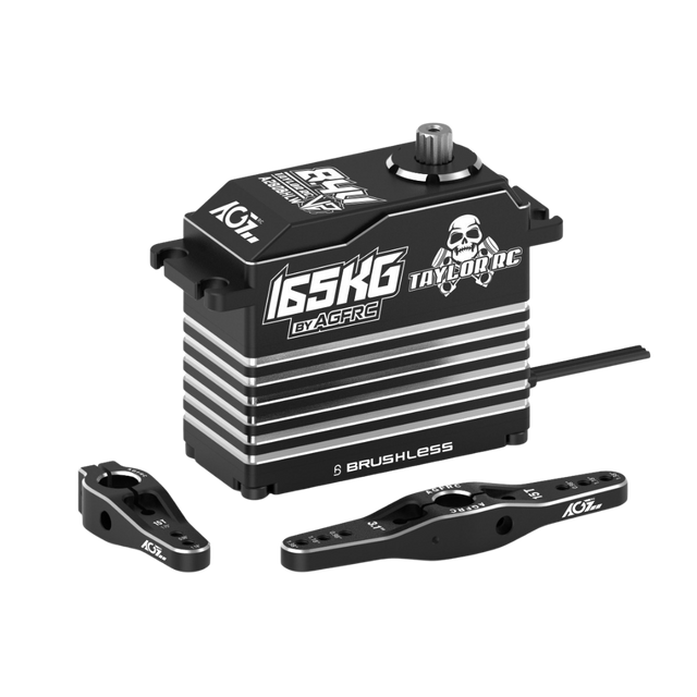 A black 165KG Brushless RC servo with silver cooling fins, accompanied by two black aluminum control arms, shown on a solid white background.
