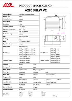 A technical product specification sheet for the A280BHLW V2 motor, featuring a black and white exploded view diagram, a detailed table of technical specifications, and a color-coded wiring diagram.