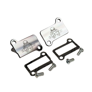 Taylor RC billet CNC ported Zenoah G320 & Fujiwara 350RC transfer covers in raw silver, angled view of the Taylor RC branded face with gaskets and mounting screws