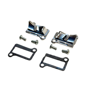 Taylor RC billet CNC ported Zenoah G320 & Fujiwara 350RC transfer covers in raw silver, angled view of the ported face with gaskets and mounting screws