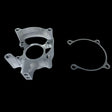 A metal clutch housing and a metal shim typically used in small engines, displayed against a black background.