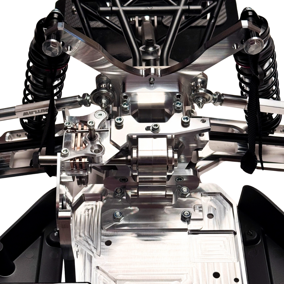 Taylor RC Complete Outlaw V4 Billet Hybrid Slider, close-up top-down view of the drivetrain, differential, and rear shocks