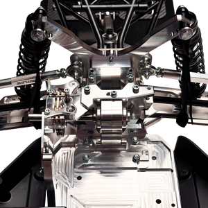 Taylor RC Complete Outlaw V4 Billet Hybrid Slider, close-up top-down view of the drivetrain, differential, and rear shocks