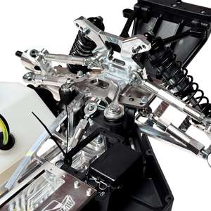Taylor RC Complete Outlaw V4 Billet Hybrid Slider, close-up of the front suspension, steering linkages, and fuel tank