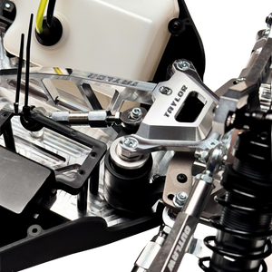 Taylor RC Complete Outlaw V4 Billet Hybrid Slider, close-up of the front suspension with Taylor branded shock tower and fuel tank