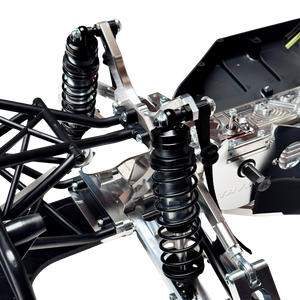 Taylor RC Complete Outlaw V4 Billet Hybrid Slider, close-up of the rear shock tower, shocks, and suspension arms