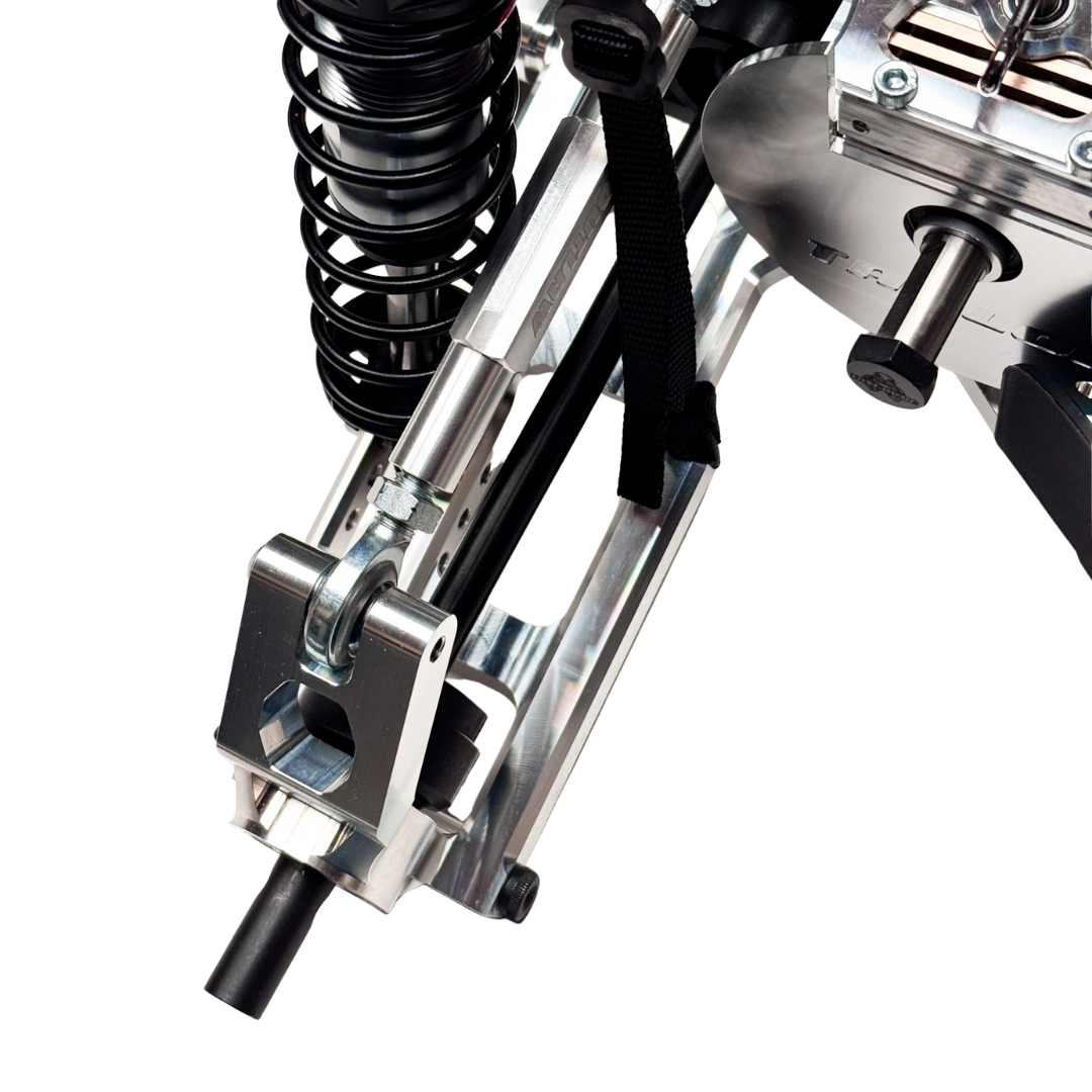 Taylor RC Complete Outlaw V4 Billet Hybrid Slider, close-up of the rear suspension arm and shock absorber