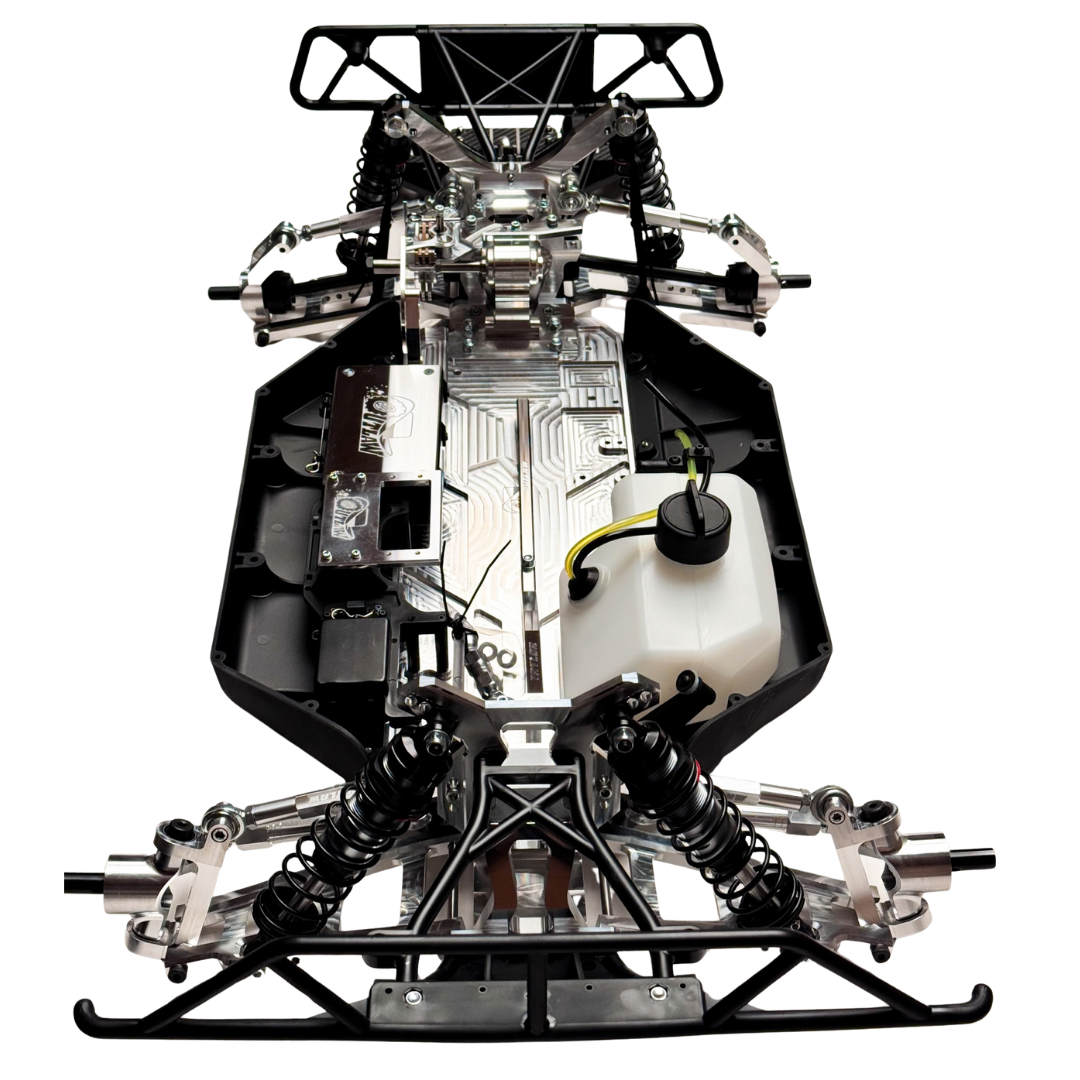 Taylor RC Complete Outlaw V4 Billet Hybrid Slider, front-on upright view showing the full front and rear suspension, shocks, and fuel tank