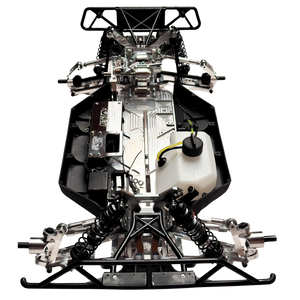 Taylor RC Complete Outlaw V4 Billet Hybrid Slider, front-on upright view showing the full front and rear suspension, shocks, and fuel tank