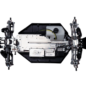 Taylor RC Complete Outlaw V4 Billet Hybrid Slider, top-down view of the full chassis from a slightly closer angle showing both axles and fuel tank