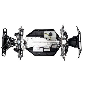 Taylor RC Complete Outlaw V4 Billet Hybrid Slider, top-down view of the full chassis showing front and rear suspension, fuel tank, and billet chassis plate