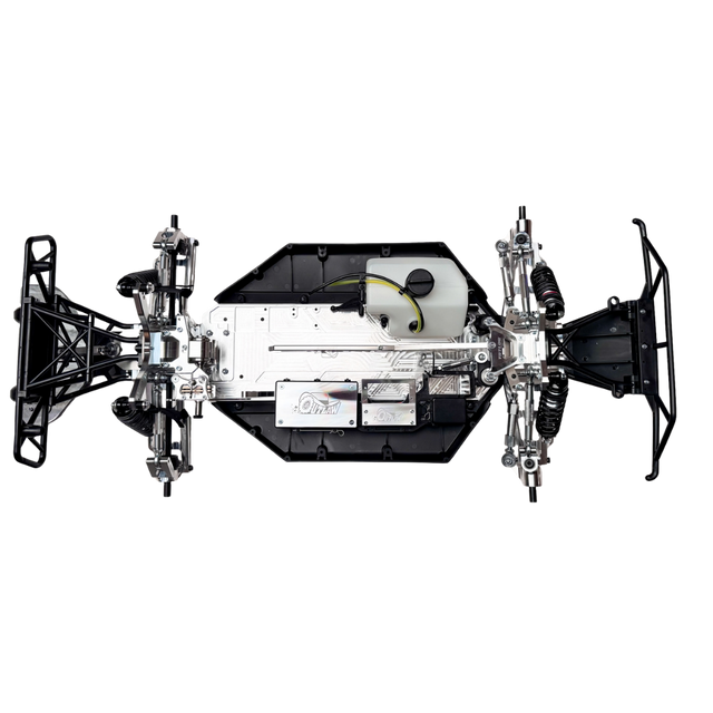 Taylor RC Complete Outlaw V4 Billet Hybrid Slider, top-down view of the full chassis showing front and rear suspension, fuel tank, and billet chassis plate