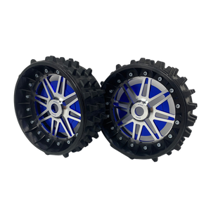 Two black wheels with blue and silver center on a white background