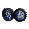 Two black wheels with blue and silver center on a white background