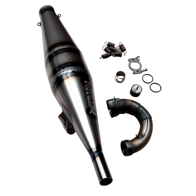 Taylor RC Grave Digger/Ram V1 straight exhaust pipe with manifold, springs, gasket, O-rings, and mounting hardware