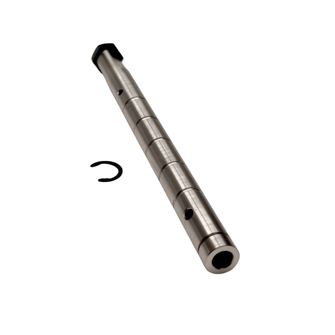 Taylor RC HD Baja twin layshaft, angled view from the opposite end showing the hollow bore, retaining clip, and machined steps