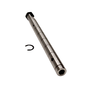 Taylor RC HD Baja twin layshaft, angled view from the opposite end showing the hollow bore, retaining clip, and machined steps