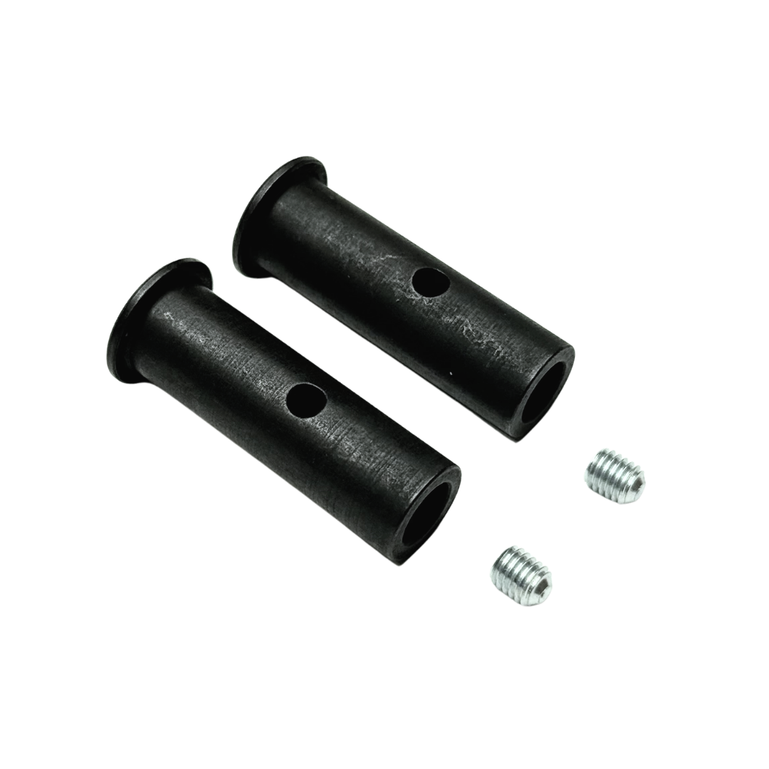 Two black metal pins with screws on a white background