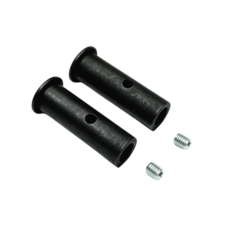 Two black metal pins with screws on a white background