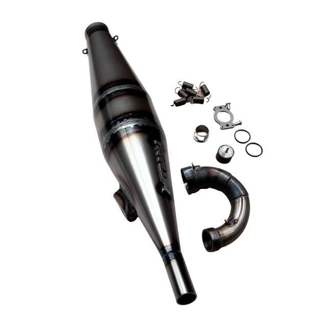 Taylor RC Hybrid Big Block side exhaust pipe with manifold, springs, gasket, O-rings, and mounting hardware