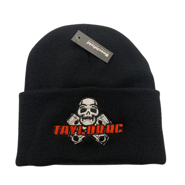 Black beanie with skull and crossbones design and 'Taylor RC' branding.