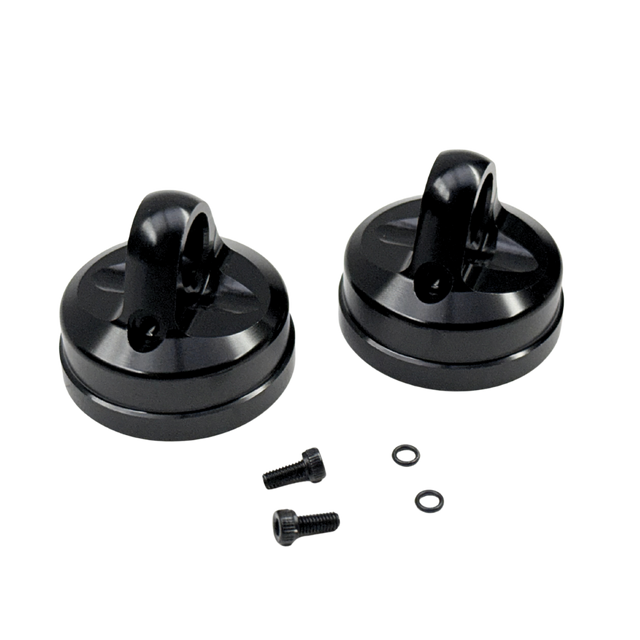 Taylor RC Kraken Losi shock replacement bleeder shock cap, KRC9213, angled view showing the eyelet top with mounting screws and O-rings