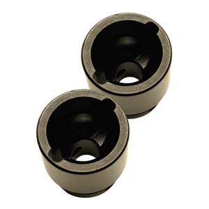 Two black cylindrical mechanical bushings with a matte finish, shown on a plain white background.