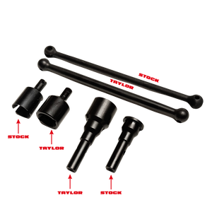 Black metal mechanical adapter pieces and two long ball-ended bars shown on a white background, with red text labels reading STOCK and TAYLOR indicating compatibility.