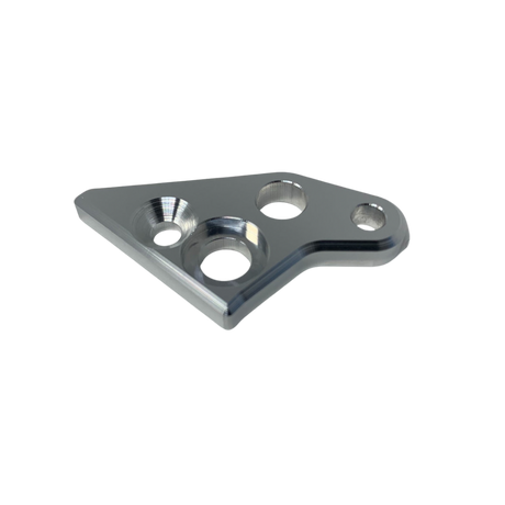 Metallic triangular bracket with three holes on a white background