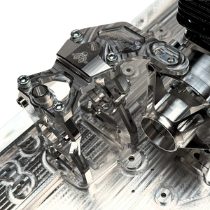 Close-up of a metallic engine block with intricate details