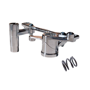 A polished chrome metal mechanical linkage arm with a cylindrical mounting post and a separate black coil spring, shown on a plain white background.