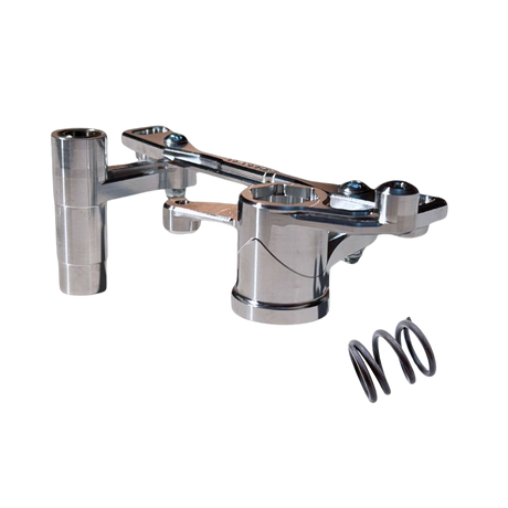 A polished chrome metal mechanical linkage arm with a cylindrical mounting post and a separate black coil spring, shown on a plain white background.