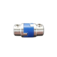 Metallic connector with blue accent on a white background